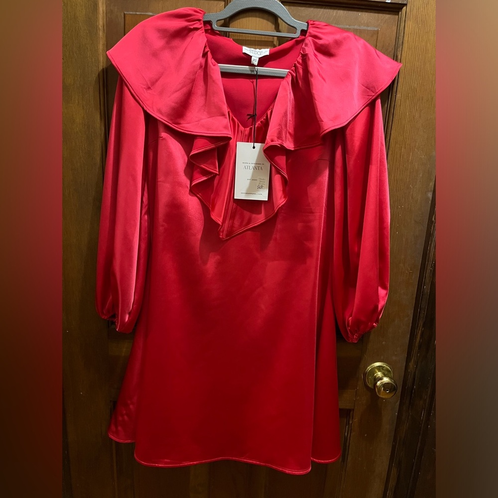 Silk Red dress with ruffle collar and long sleeves! Never been worn! With tags!